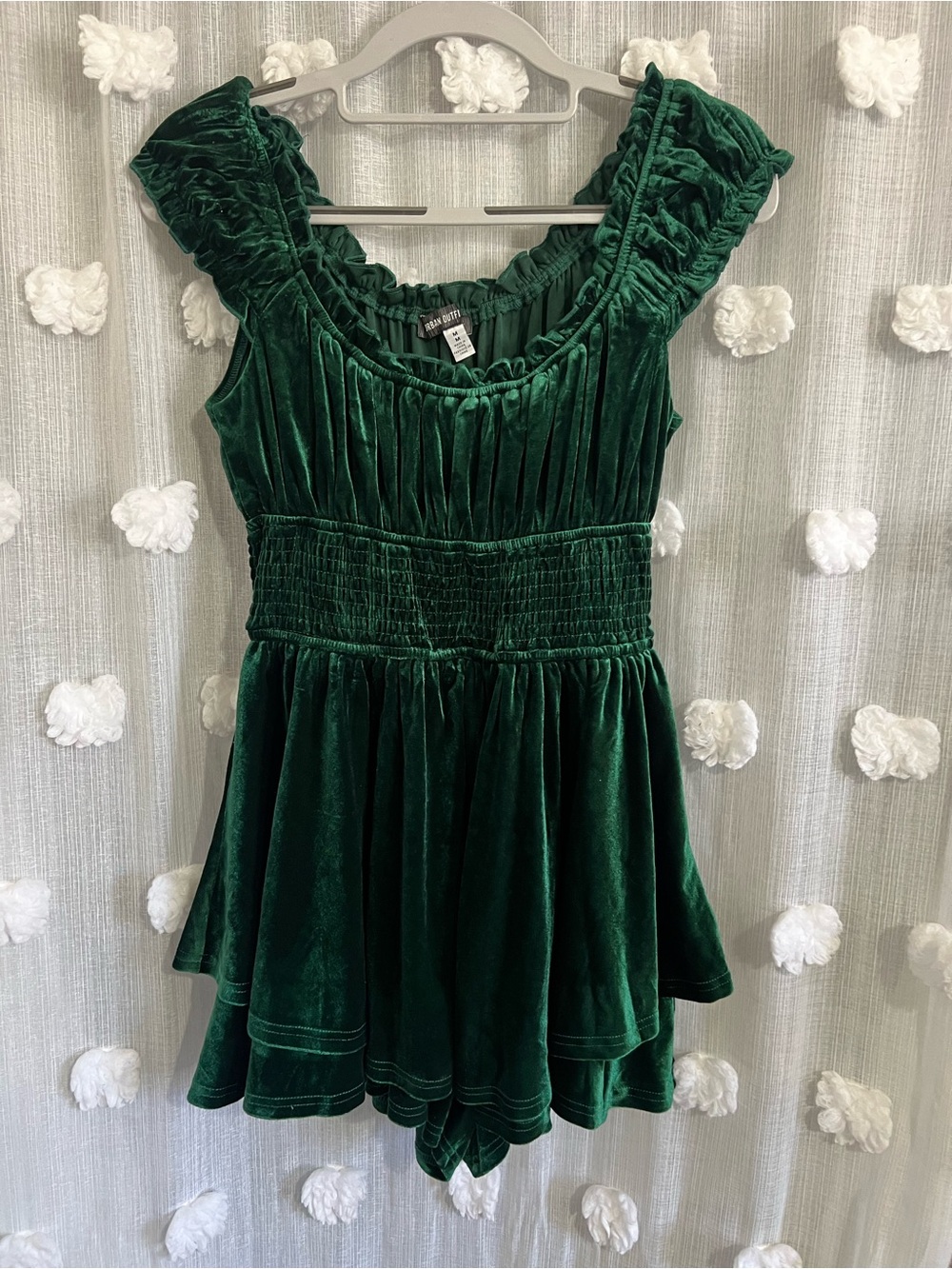 Uo Rosie Velvet Smocked Romper In Green